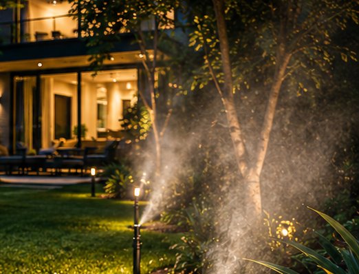 Impianto antizanzara a nebulizzazione Elan Garden: ugelli che diffondono micro-gocce nel giardino al tramonto